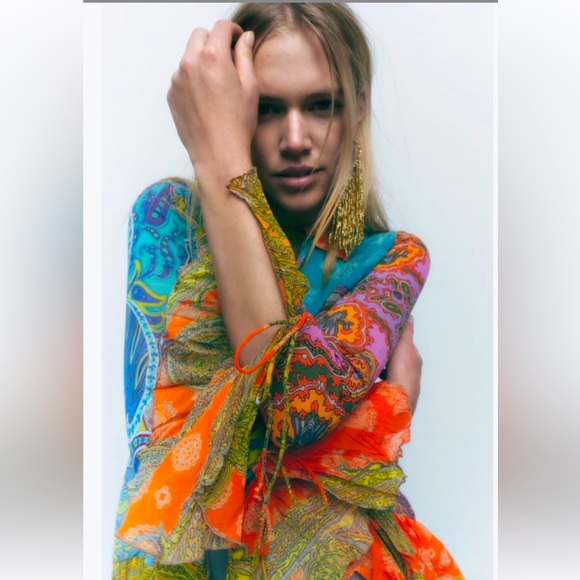 Zara Tops Zara Orange Ruffled Print Blouse Small Nwt Poshmark